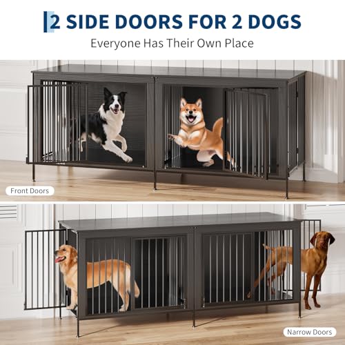 79‘’ Double Dog Crate Furniture, Large Dog Kennel Indoor, Heavy Duty Double Dog Crates for Medium/Large Dogs, Dog Kennel Furniture Indoor As TV Stand, Rustic Black GAOMON