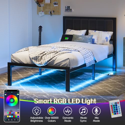 OLEVS Twin Bed Frame with Headboard Metal Platform Bed Twin Size with USB Charging Station and LED Lights, No Box Spring Needed OLEVS