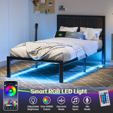 OLEVS Twin Bed Frame with Headboard Metal Platform Bed Twin Size with USB Charging Station and LED Lights, No Box Spring Needed OLEVS