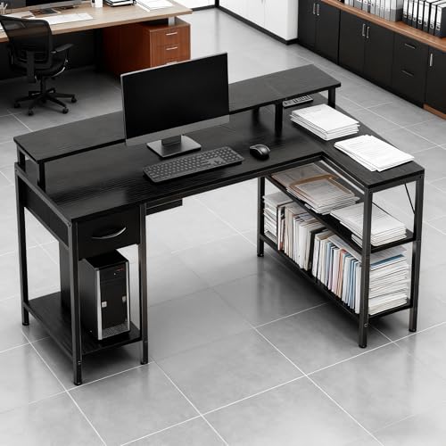 Simple Deluxe 47-inch L-Shaped Gaming Desk with LED Lights & Power Outlets, Reversible Corner Computer Desk with Monitor Riser, Drawer & Shelves, for Home Office, Black Simple Deluxe