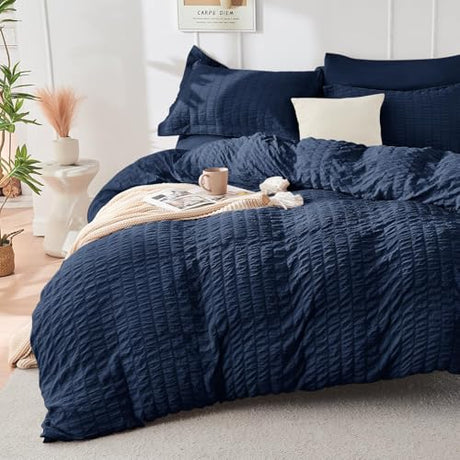 HYMOKEGE Navy Blue Full Size Comforter Sets Seersucker 7 Pieces, All Season Luxury Bed in a Bag for Bedroom, Bedding Set with Comforters, Sheets, Pillowcases & Shams HYMOKEGE