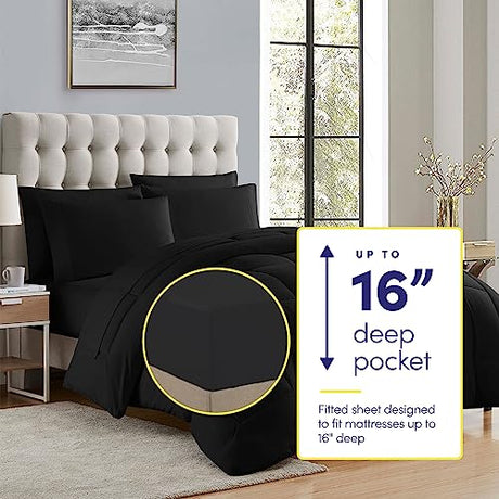 Sweet Home Collection 5 Piece Comforter Set Bag Solid Color All Season Soft Down Alternative Blanket & Luxurious Microfiber Bed Sheets, Black, Twin Sweet Home Collection
