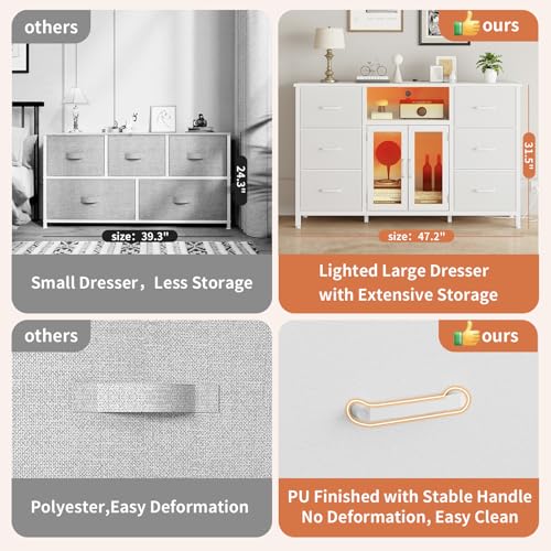 White Dresser for Bedroom Dresser TV Stand with Charging Station for 60" TV 6 Drawer Dresser Entertainment Center with LED Long Fabric Bedroom Dresser Organizer Unit Tall Chest of Drawers for Kids FFBCFDK