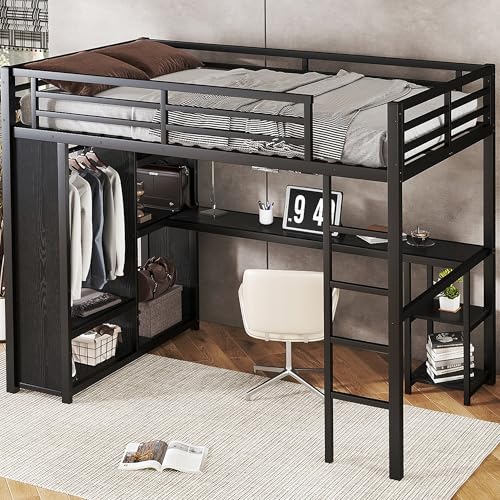 Full Size Loft Bed with Desk and Storage Shelves, Full Size Loft Bed with Wardrobe, Hanging Rod, Guardrail and Ladder, Balck Bellemave