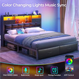 Rolanstar Bed Frame Full Size with Drawers and Charging Station, Upholstered Platform Bed with Storage Headboard and LED Light, Heavy Duty Metal Frame Support, No Box Spring Needed, Noise Free, Black Rolanstar