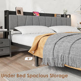 GarveeHome King Size Bed Frame with Storage Headboard, Black King Platform Bed with 2 Large Drawers and Charging Station, Industrial No Box Spring Needed Bedframe GarveeHome