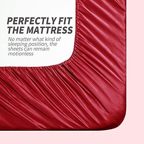 Cobedzy 3 Pcs Red Satin Sheets Twin Size Silky Satin Bedding Sheets Set with 1 Deep Pocket Fitted Sheet, 1 Flat Sheet, 1 Pillowcase Cobedzy