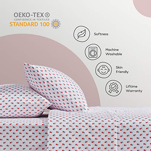SLEEP ZONE Kids Printed Twin Bed Sheets Set 3-Piece - Super Soft & Cute Kids Sheet Set with Flat Sheet, Fitted Sheet, Pillowcase (Twin, Little Bouquet Red) SLEEP ZONE
