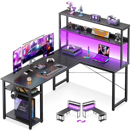 ODK 53" L Shaped Gaming Desk with Hutch & Headphone Hook, Corner Computer Table with Storage Shelves for Home Office, Black ODK