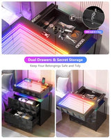 Dystler Night Stand with Charging Station and RGB Lights, LED Nightstand with Tempered Glass and Sliding Top, 3 Drawers Bedside Table with Hidden Storage, Lockable End Side Table for Bedroom, Black Dystler