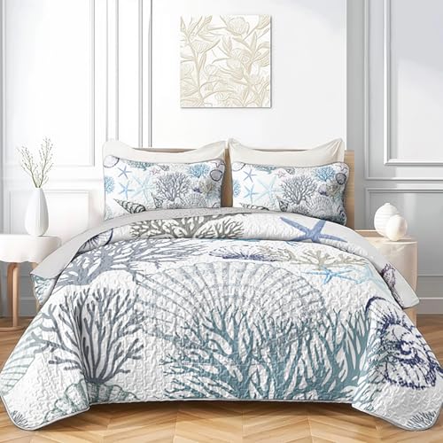 OUIXOTIC 3pcs King Size Coastal Quilt Set - Beach Bedding for Summer! Lightweight, Reversible Nautical Bedspread Comforter with Pillow Shams, Soft Microfiber - Ocean Vibes Inside! OUIXOTIC