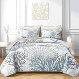 OUIXOTIC 3pcs King Size Coastal Quilt Set - Beach Bedding for Summer! Lightweight, Reversible Nautical Bedspread Comforter with Pillow Shams, Soft Microfiber - Ocean Vibes Inside! OUIXOTIC
