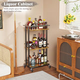 OKZEST 3 Tier Bar Cart for Home, Rolling Mini Liquor Bar for Wine Beverage Dinner Party, Utility Kitchen Storage Island Serving Cart on Wheels, Coffee Bar Cabinet for Kitchen Dining Living Room, Brown OKZEST