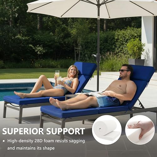 Honorbox 72 x 21 Inch Outdoor Chaise Lounge Cushions Set of 2 - Removable Cover, 4-Section Design, Water-Repellent & Fade-Resistant, 6 Tie Straps, Replacement for Patio & Pool Chairs - Navy