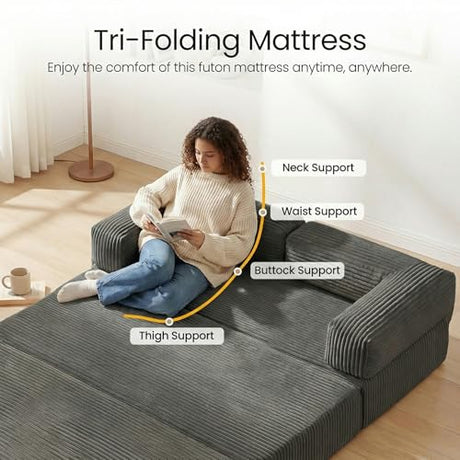 Tri-Folding Mattress Queen Futon Sofa Bed, Convertible Tri Fold Mattress Foldable with Removable Armrests & Washable Cover, 5 Inch Floor Mattress with High-Density Foam, Small Couch Bed, Queen, Grey Erament