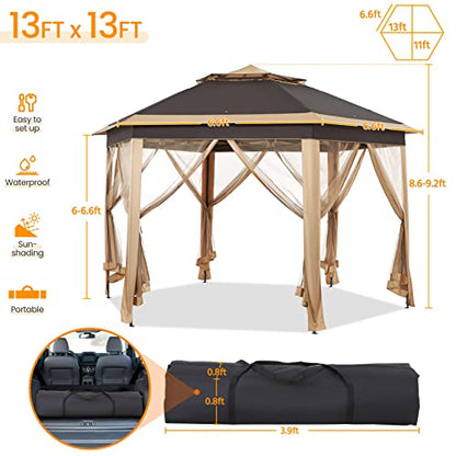 Yaheetech 13x13 Pop up Gazebo, Hexagonal Outdoor Canopy Shelter, Instant Patio Gazebo Sun Shade Canopy Tent with Double Tiers & Mesh Netting for Lawn, Garden, Backyard & Deck, Khaki/Brown - WoodArtSupply