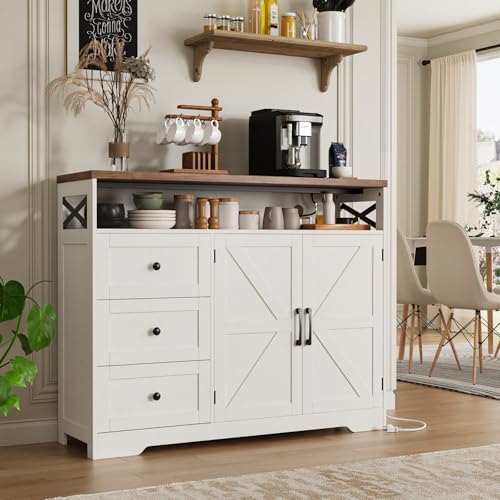 47" Antique White Storage Cabinet with Doors & Drawers, Farmhouse Sideboard Buffet Cabinet with Storage, Kitchen Pantry Hutch Cabinet, Coffee Bar Station Table for Kitchen, Livingroom, Dining Room FiveWillowise