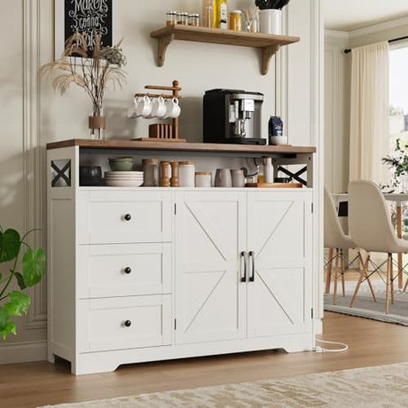47" Antique White Storage Cabinet with Doors & Drawers, Farmhouse Sideboard Buffet Cabinet with Storage, Kitchen Pantry Hutch Cabinet, Coffee Bar Station Table for Kitchen, Livingroom, Dining Room FiveWillowise