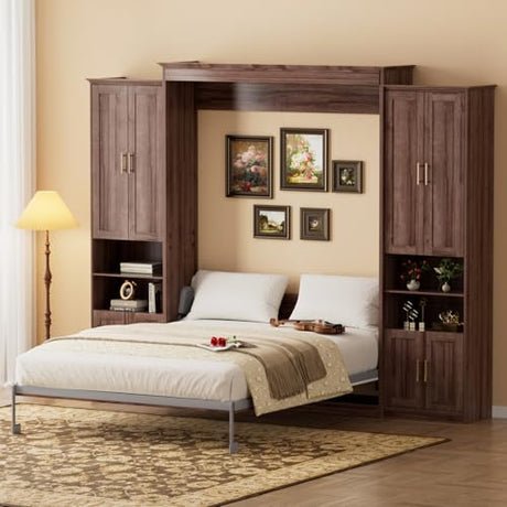 BEQAI Queen Murphy Bed with Storage Cabinets & 6 Adjustable Shelves, Foldable Space-Saving Queen Wood Wall Bedframe with USB Charging Port, Hidden Bedframe for Guest Room, Study, Home, Bedroom, Walnut BEQAI