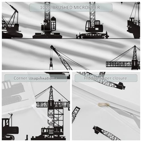 Single 61" x 79" Bedding Duvet Cover Set - White and Black Modern Construction Vehicle Minimalist Printed 3 Piece Brushed Microfiber Comforter Quilt Cover with Zipper Closure for Men and Women Generic