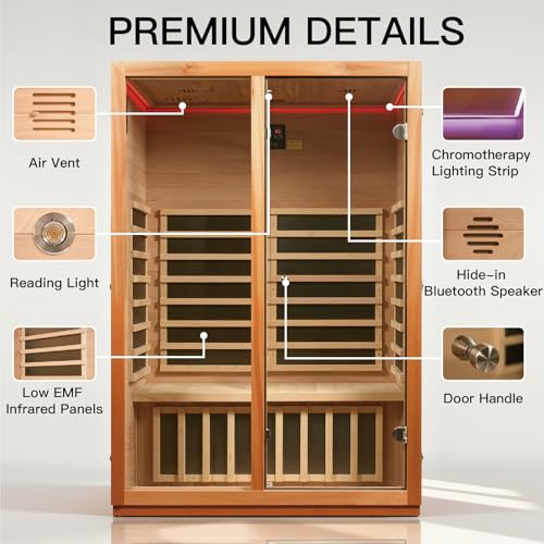 INFRADELUX Infrared Home Sauna for 2-Person, Low-EMF 1760W Heaters & Chromotherapy LED Lights, Premium Wood Indoor Spa Room,51.18 x 35.43 x 74.8 Inch INFRADELUX