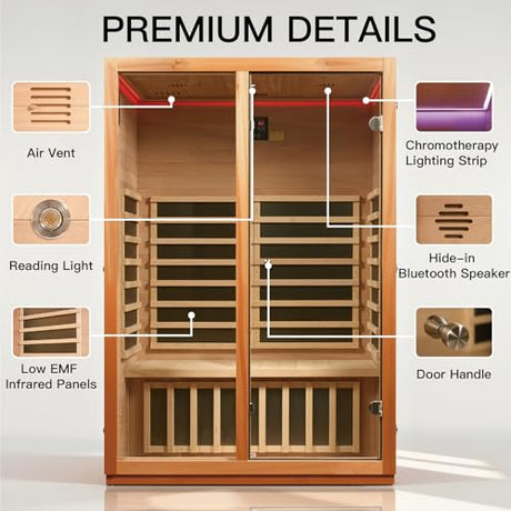 INFRADELUX Infrared Home Sauna for 2-Person, Low-EMF 1760W Heaters & Chromotherapy LED Lights, Premium Wood Indoor Spa Room,51.18 x 35.43 x 74.8 Inch INFRADELUX