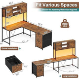 Saranya 18 Shop New Rustic Brown 86.6" L Shaped Desk Computer Two Person Shelf Cabinet File Drawer Storage Shelves Led Lights Reversible Office Study Home 62.2”L x 18.9”W x 65”H of WoodArtSupply