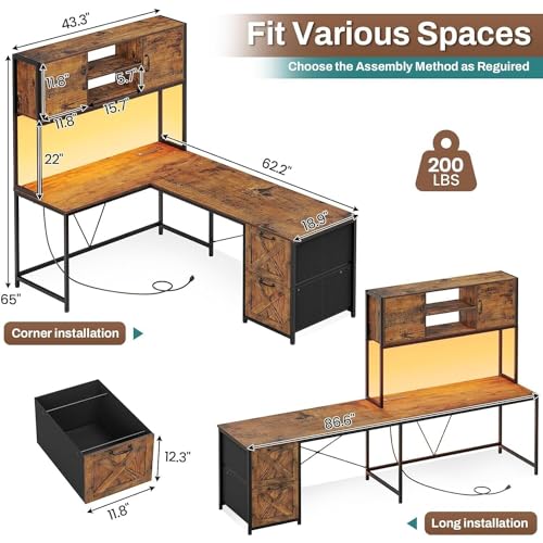 Saranya 18 Shop New Rustic Brown 86.6" L Shaped Desk Computer Two Person Shelf Cabinet File Drawer Storage Shelves Led Lights Reversible Office Study Home 62.2”L x 18.9”W x 65”H of - WoodArtSupply