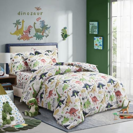 Joyreap 7 Piece Queen Size Bed in a Bag, Colorful Dinosaur Printed on White, Microfiber Comforter Set for Kids Boys n Girls (1 Comforter, 2 Pillow Shams, 1 Flat Sheet, 1 Fitted Sheet, 2 Pillowcases) Joyreap