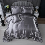 Herside Satin Comforter Set with Sheet Set Queen Size,8 Pieces Grey Ruffle Comforter Silk Like Satin Bedding Set,Soft Smooth Luxury Silky Quilt Set with 1 Cushion Cover All Season Herside