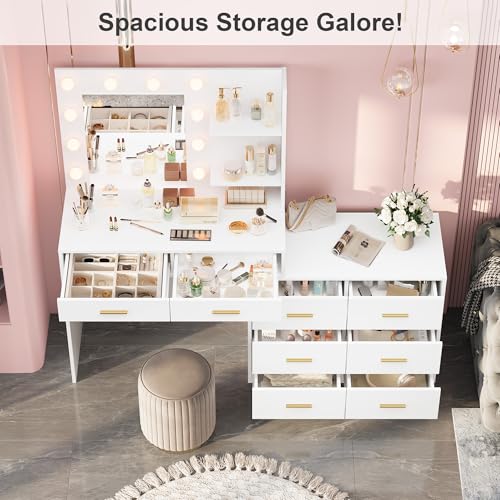GarveeHome 61 in Make Up Vanity Desk with Mirror and Lights, White Vanity with 8 Wide Storage Drawers & 2 Tier Shelves, 3 Lighting Modes with Adjustable Brightness for Bedroom GarveeHome