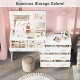 GarveeHome 61 in Make Up Vanity Desk with Mirror and Lights, White Vanity with 8 Wide Storage Drawers & 2 Tier Shelves, 3 Lighting Modes with Adjustable Brightness for Bedroom GarveeHome