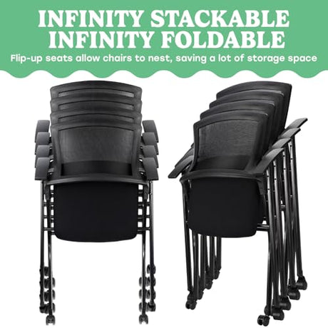 AceOrbit 4 Pcs Foldable Office Chair with PU Wheels Lumbar Support, Armrest, Thick Breathable Mesh Seat Stackable Chair for Office Meeting, Conference, Training Room, Black AceOrbit