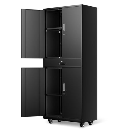 DNA MOTORING Metal Storage Cabinet, 73'' Rolling Garage Cabinet with 1 Drawer and Adjustable Shelves, Lockable Cabinet Heavy Duty Utility Cabinet for Garage,Office,Home,Gym, Black, TOOLS-00630-BK-BK DNA MOTORING