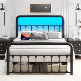 Fluest 14 Inch Full Bed Frame Classic Metal Platform Bed Frame with Charging Station & LED, Victorian Style Iron-Art Headboard/Footboard, Under Bed Storage, No Box Spring Needed, Noise Free Fluest