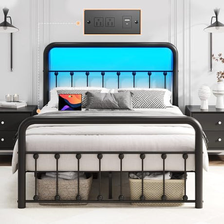 Fluest 14 Inch Full Bed Frame Classic Metal Platform Bed Frame with Charging Station & LED, Victorian Style Iron-Art Headboard/Footboard, Under Bed Storage, No Box Spring Needed, Noise Free Fluest