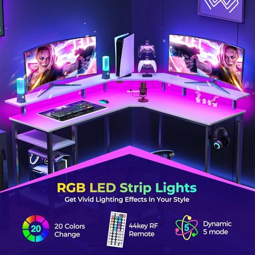 Rolanstar L Shaped Gaming Desk with LED Lights & Power Outlets, 46.2" Computer Desk with Full Monitor Stand & Storage Shelf, Corner Desk with Hooks, White Desk Reversible Rolanstar