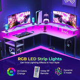 Rolanstar L Shaped Gaming Desk with LED Lights & Power Outlets, 46.2" Computer Desk with Full Monitor Stand & Storage Shelf, Corner Desk with Hooks, White Desk Reversible Rolanstar