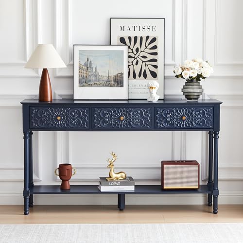 weselon 55.5" Carved Console Table with 3 Drawers, 2-Tier Sofa Table with Glossy Floral Surface and Solid Wood Legs, Mid-Century Modern Entryway Table for Living Room Hallway (Midnight Blue) weselon