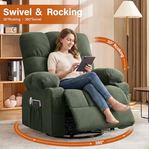 MAHOMICO Swivel Rocker Recliner Chair with Vibration Massage and Heat for Living Room with Rocking Function and Side Pocket,USB Charge Port，2 Cup Holders