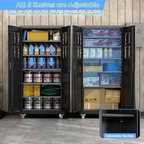 Aobabo Upgraded Garage Storage Cabinets with Wheels,Metal Storage Cabinets with 5 Adjustable Shelves for Garage Home Office Storage, Black,71''H*34''W*18''D,Assembly Required Aobabo