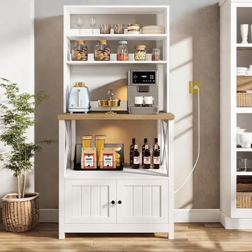 DWVO White Baker Rack with Power Outlet and Storage, Farmhouse Microwave Stand with Door for Kitchen, 5-Tiers Tall Coffee Bar Station Cabinet Thickened Counter with Hutch Shelves