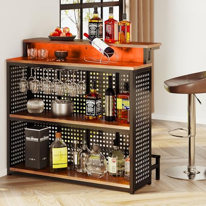 YITAHOME Rustic Brown Mini Home Bar Unit with Music-Sensing LED Lights and Storage Shelves - WoodArtSupply