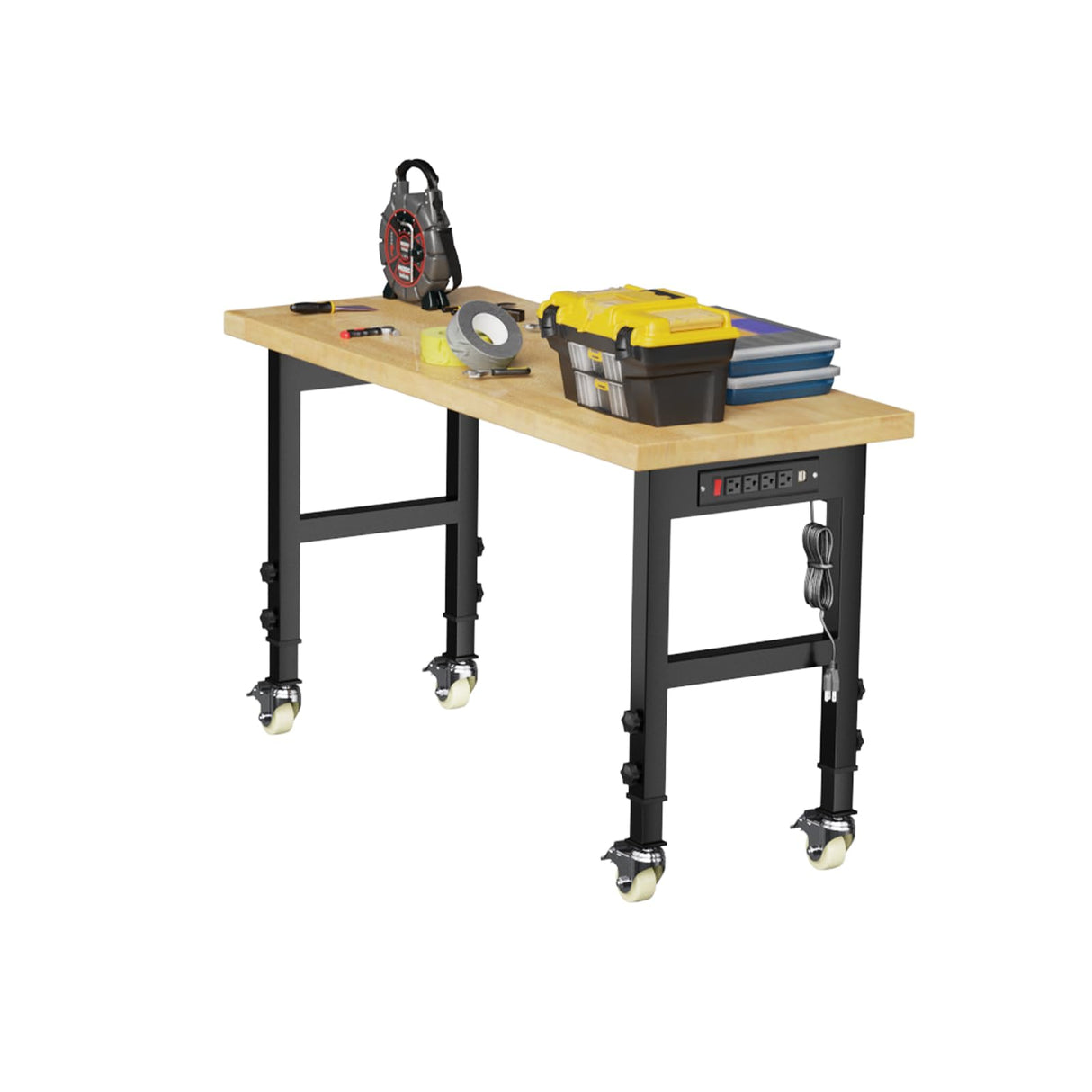 48'' Adjustable Workbench, 4 Heights Work Bench with Wheels and Power Outlets, 2000 LBS Heavy Duty Work Bench Table, Hardwood Work Benches for Garage, Workshop, Office, Home WXCOPON