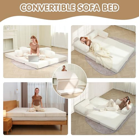 5-in-1 Convertible Sofa Bed,54" Boneless Couch Tri Folding Floor Mattress with Removable L-Shaped Armrests & Handle,Corduroy Futon Couch Sleeper with Pull Out Bed for Living Room Bedroom Apartment feliz home