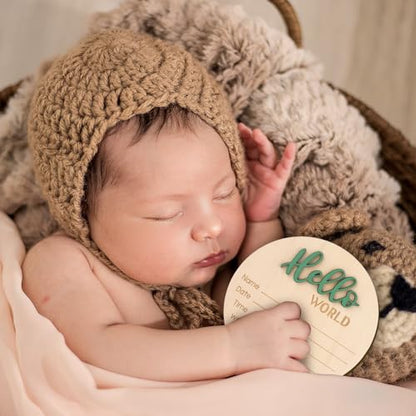 Baby Announcement Sign, 5.9 Inch Wooden Hello World Newborn Welcome Sign Birth Baby Name Plaques for Photo Props Baby Shower Hospital Nursery(Green) - WoodArtSupply