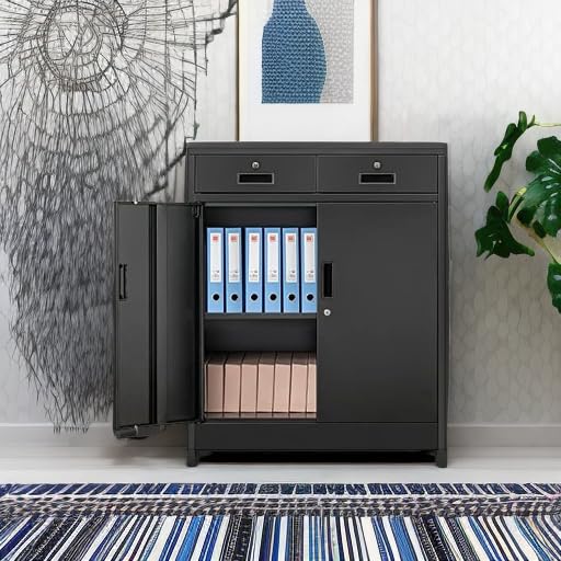 Wanfu Metal Storage Cabinet, 36" H Locking Storage Cabinet with Two Drawers and Adjustable Shelf, Metal Cabinets for Office, Garage, Home-Black Wanfu