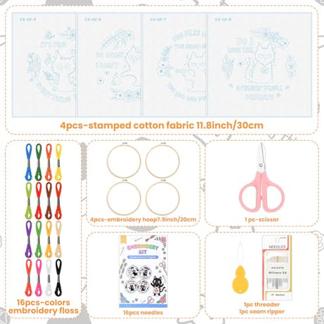 Rivvlive 4 Sets Funny Cat Embroidery Kit with Embroidery Hoop Pattern Needlepoint Kit for Beginners and Adults Needlepoint Crafts Set with Needles Thread and Instruction DIY Rivvlive