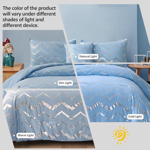 Menghomeus Blue/Silver Comforter Set Twin/Twin XL Size Metallic Print Glitter Bed Comforter Cute Shinny Bedding Sets for Teen Girls Kids, 3 Piece (1 Pillowcase, 1 Decorative Pillow Sham) Menghomeus