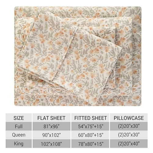 Viviland Floral Full Sheet Set - 4 Piece Vintage Light Orange Flower Patterned Bed Sheets - Soft, Breathable Microfiber Sheets with Deep Pocket, Non-Slip Fitted Sheets & Pillowcases Viviland